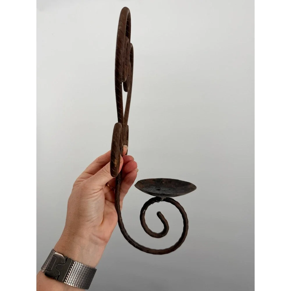 Vintage Wrought Iron Heart Scroll Wall Sconce Candle Holder Rustic Brown Metal